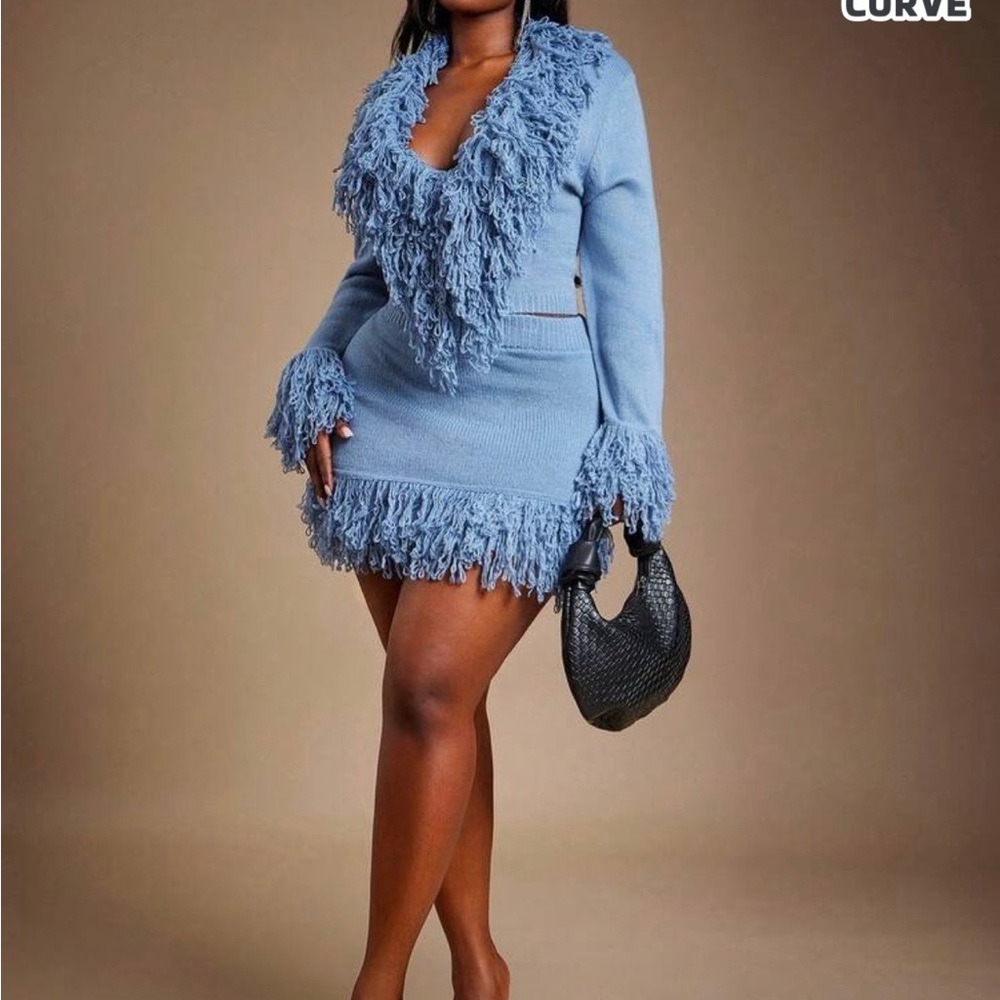 SHEIN Blue Fringed V-Neck Sweater Dress